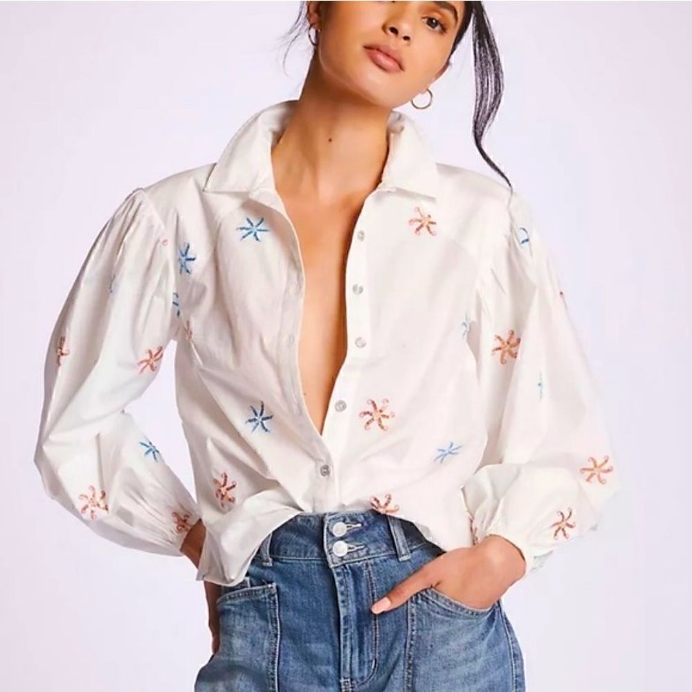Maeve embroidered sequins button up blouse NWT